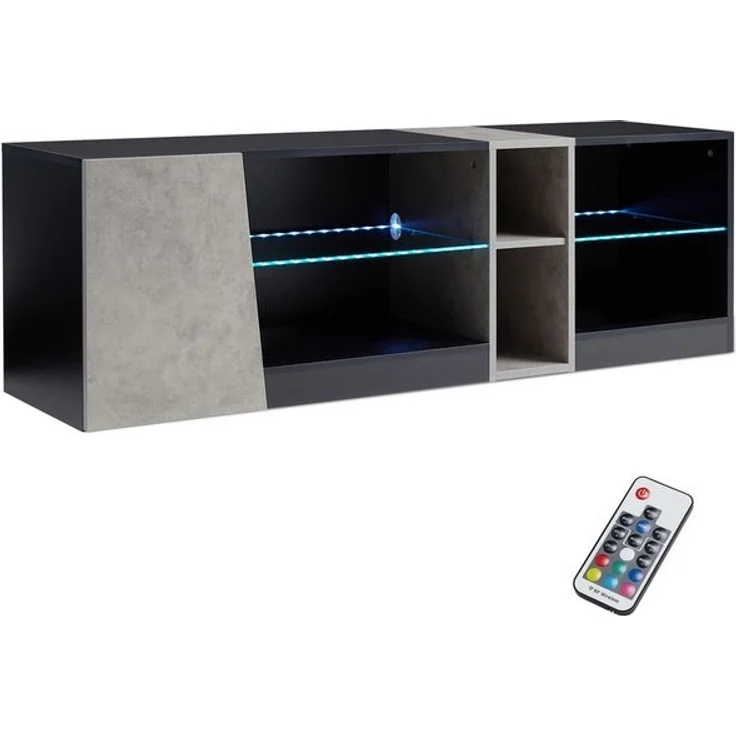 Mondeer Lowboard LED TV-Schrank, Breite 140cm mit 5 offenen Fächern und 1 Tür, Schwarz und Grau – Bild 4