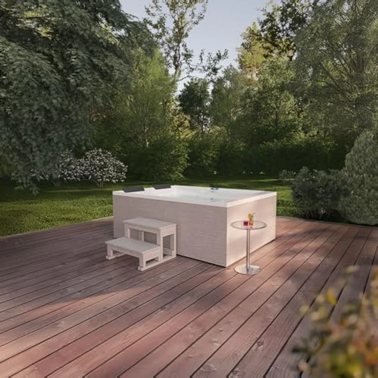 Home Deluxe Outdoor Whirlpool NIMBUS, für 2 Personen, mit 18 Massagedüsen, Thermoabdeckung und Treppe, Maße: 190 x 140 x 70 cm, Farbe: Weiß – Bild 3