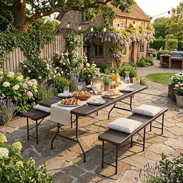Ball & Cast Bierzeltgarnitur 3-teilig Klappbar, Biertisch Klapptisch mit 2 Sitzbänken, 180 cm Gartenmöbel Set für Innen und Außen, Braun – Bild 3
