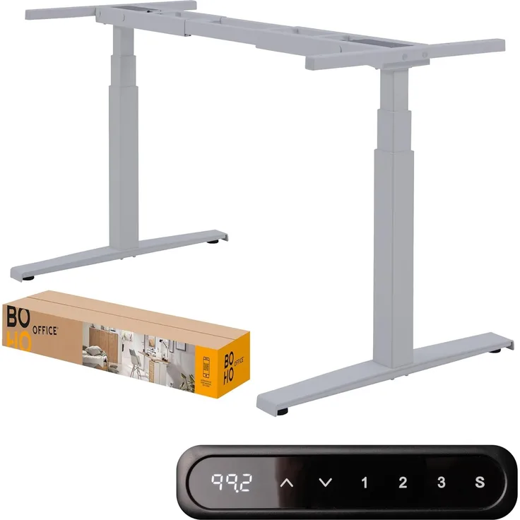 boho office® Basic Line - elektrisch stufenlos höhenverstellbarer Schreibtisch in Silber mit Memory-Funktion sowie einstellbaren Kollisionsschutz und Soft-Start/Stop
