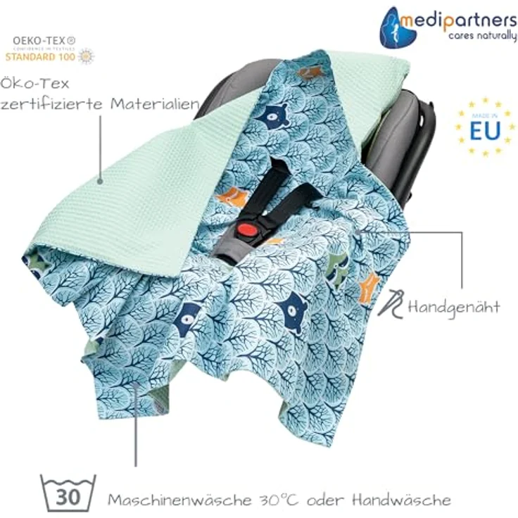 Medi Partners Einschlagdecke Baby Babyschale 100% Baumwolle für Sommer 85x85 cm Kinderwagen Kuscheldecke universal Baby Decke Einschlagdecken Babydecke Buggy Autositz (Wald mit Minzer Waffel) – Bild 3
