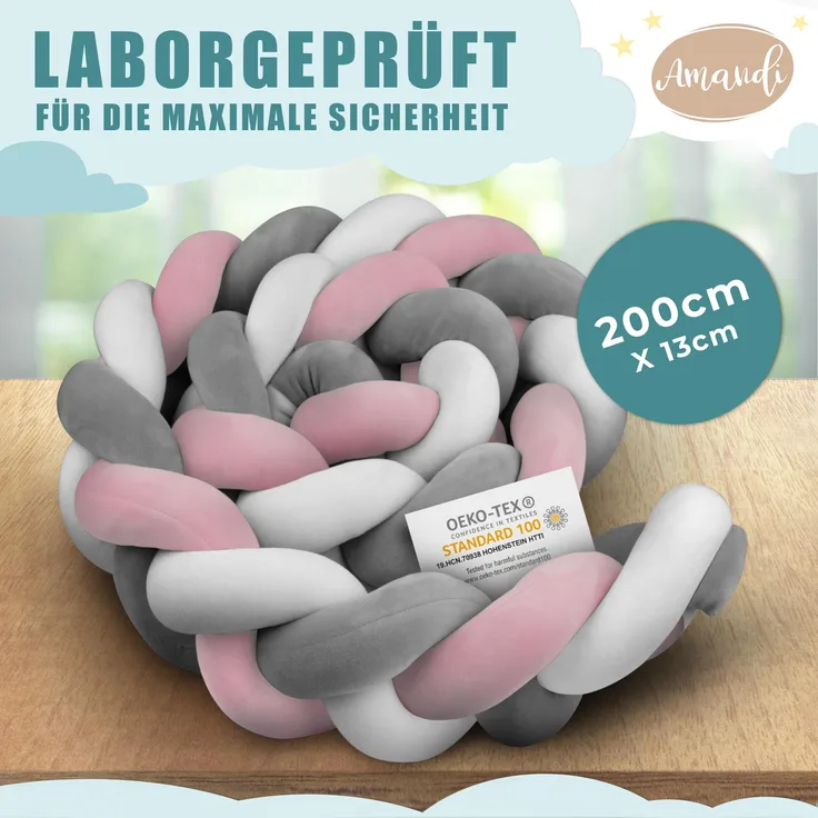 Amandi Bettnestchen - Bettschlange - 2m Bettumrandung fürs Babybett - laborgeprüft, - Babynest geflochten - Sichere Bettumrandung
