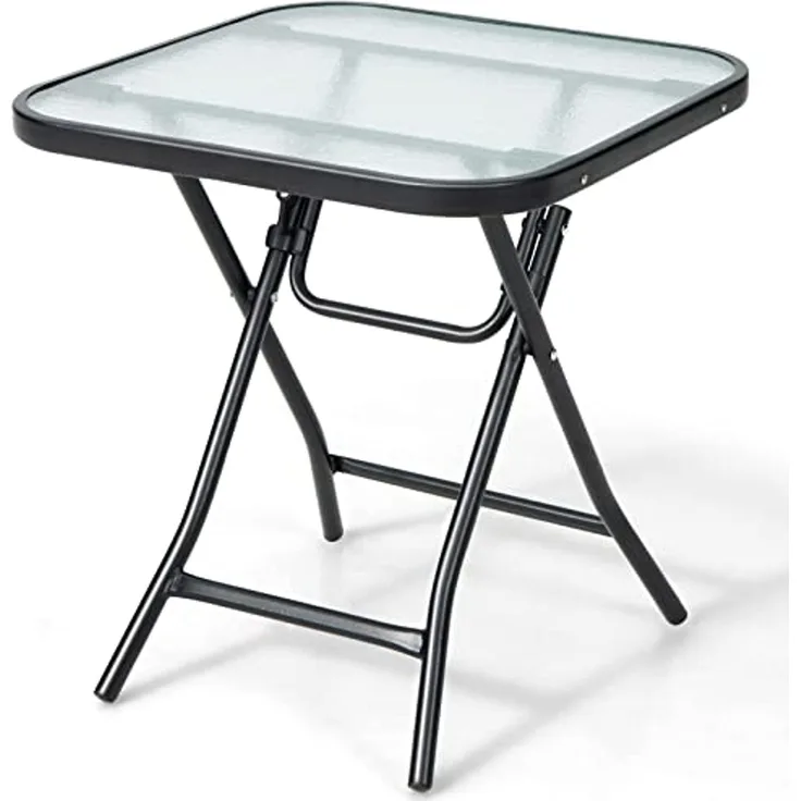 FANTASK Klapptisch quadratisch, wetterfester Beistelltisch, Gartentisch mit Tischplatte aus gehärtetem Glas, für Balkon, Garten, Terrasse, 46,5 x 46,5 x 42 cm