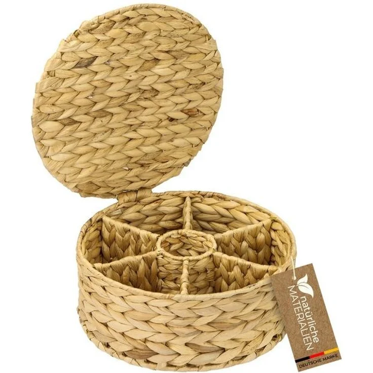 HMF Teebox Teebox für Teebeutel geflochten aus Wasserhyazinthe, Wasserhyazinthe, Tee Aufbewahrungsbox mit 7 großen Fächern, 27 x 27 x 11 cm – Bild 4