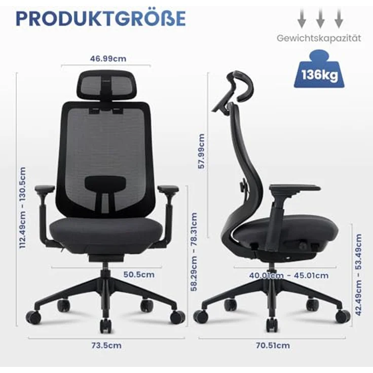 COLAMY XK01 Atlas Ergonomischer Bürostuhl, Netz-Chefsessel mit verstellbarem Kopfstütze, Computer Schreibtischstuhl Drehstuhl mit 4D-Armlehnen, Nylonbasis/Schiebesitz/Neigungssperre, Schwarz – Bild 4