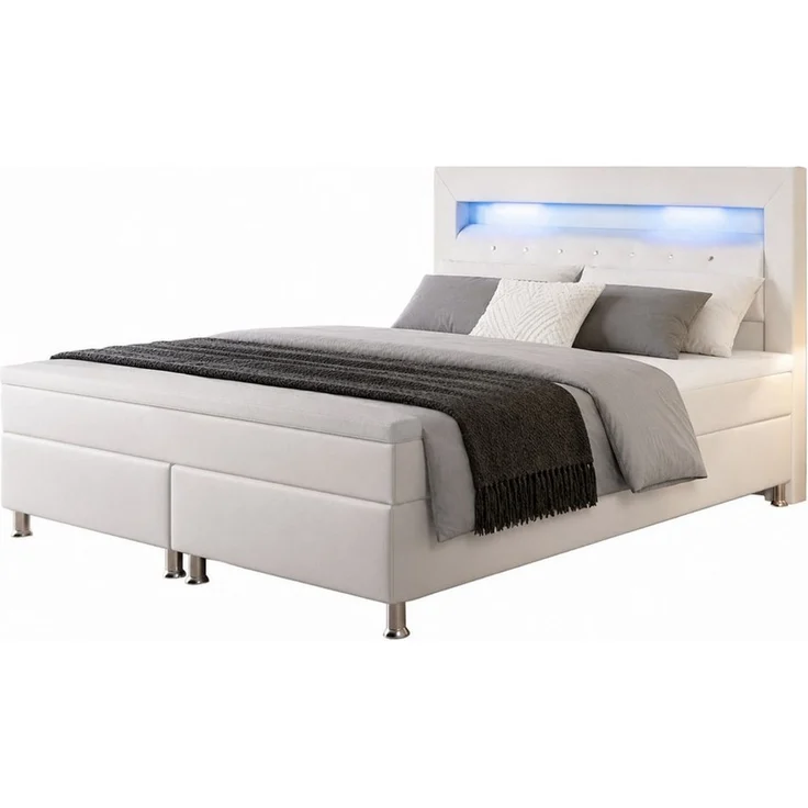 inter Boxspringbett Monaco Kunstleder mit 7 Zonen Taschenfederkernmatratzen und Topper (180x200 cm, Weiß mit 7 Zonen Taschenfederkernmatratzen und Topper), Taschenfederkern-Komfort, Kopfteil mit LED, inklusive Matratzen – Bild 2