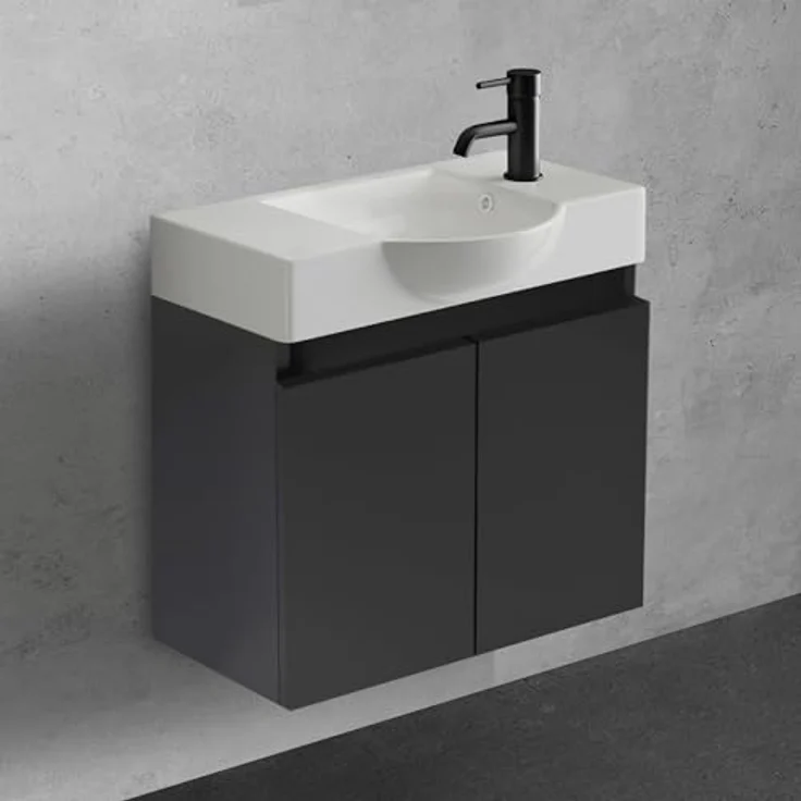 Alpenberger Badmöbel-Set Gäste WC Waschbecken mit Unterschrank 55 cm Breit, (Schwarzer Badschrank Klein, Waschtischunterschrank mit Softclose), Keramik Einbauwaschbecken Eckig Oval – Bild 2
