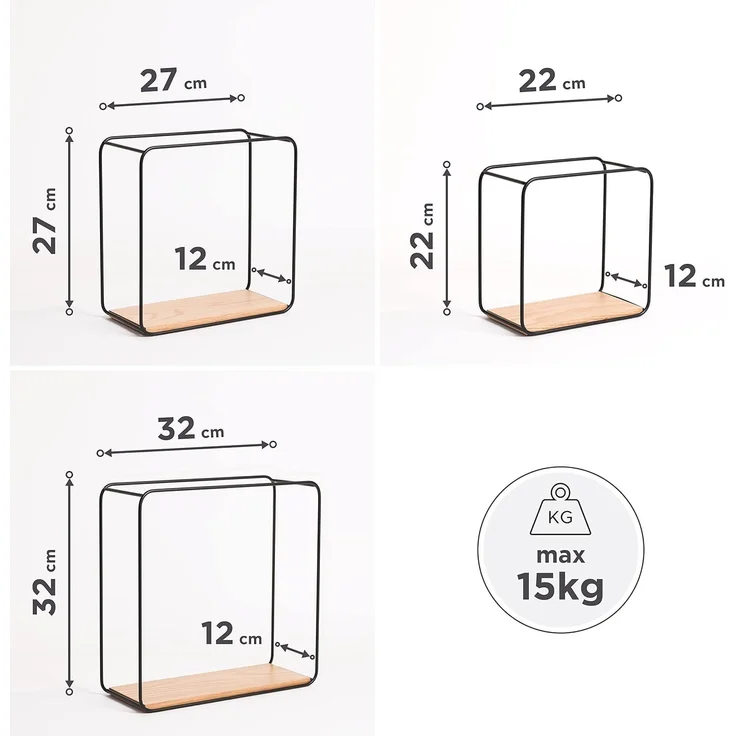 Kazai. Wandregal-Set -Jona- | 3-Teiliges Hängeregal aus Metall und Echtholz-Veneer | Wanddeko und Ablage für Bad, Wohnzimmer, Küche, Schlafzimmer und mehr | Eiche – Bild 3