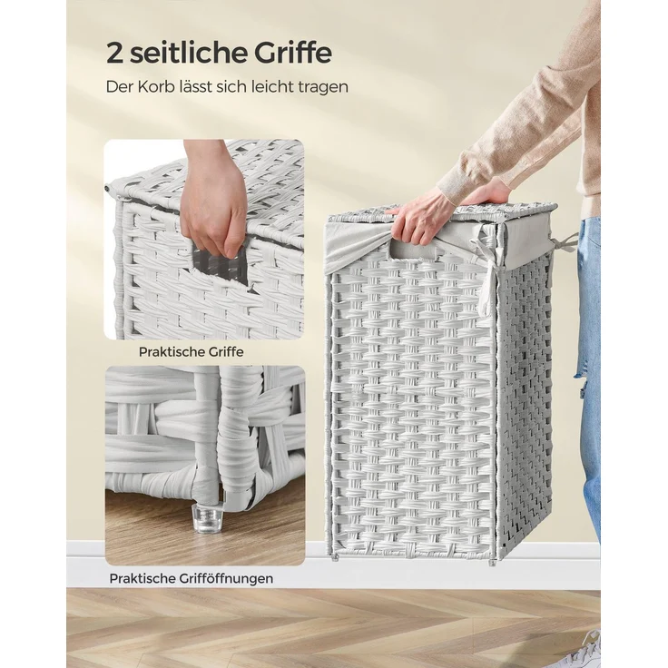Songmics Wäschekorb handgeflochten, Rattan Weiß, 90L 46 x 33 x 60 cm – Bild 2