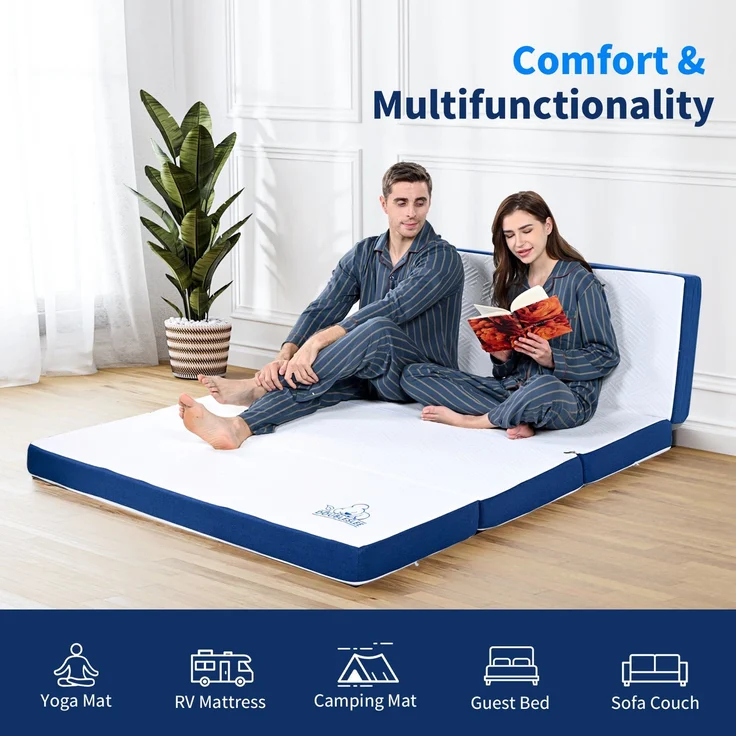 Botifly Faltmatratze 80x195x10 cm – 4-Fach klappbar, Memory Foam & waschbarer Bezug, Ideal für Gäste, Camping & Yoga (Blau/Weiß) – Bild 5