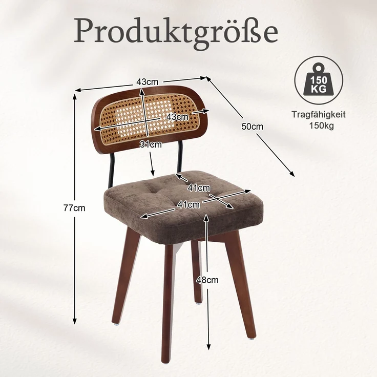 LVHOM 2er-Set Esszimmerstühle 360° Drehstuhl, Polsterstuhl in Rattan-Optik mit Chenille Kissen, stabiler Küchenstuhl mit Metallbeinen, Braun – Bild 7