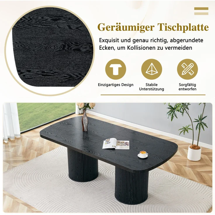 Esstisch 180x90x76 cm mit ovaler Tischplatte und geriffeltem Zylinderfuß, MDF in Schwarz – Bild 3