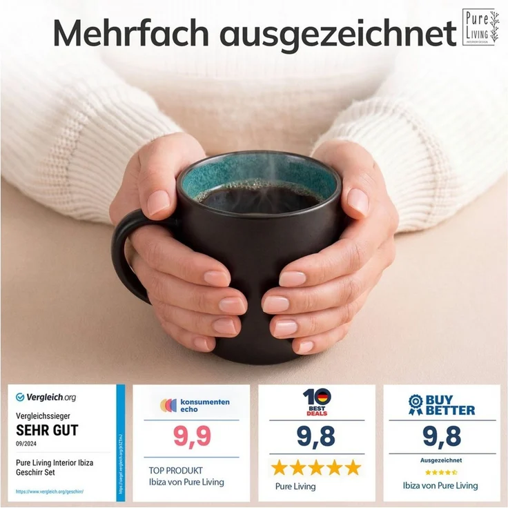 Steingut kleine Kaffeetassen 6 Pers. Ibiza Hochwertiges Mediterranes TEST SEHR GUT Tassen Set, Spülmaschinen-, Mikrowellen- und Kratzfest - Stylisches Tee- und Kaffeebecher Set - Pure Living in Petrol – Bild 3
