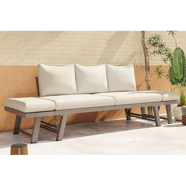 Merax Gartenmöbel-Set, Outdoorsofa, 3-Sitzer-Sofa, Gartensofa mit Liegefunktion, Sonnenliege Gartenliege mit Auflagen und klappbaren Armlehne, Gartencouch, Beige – Bild 7