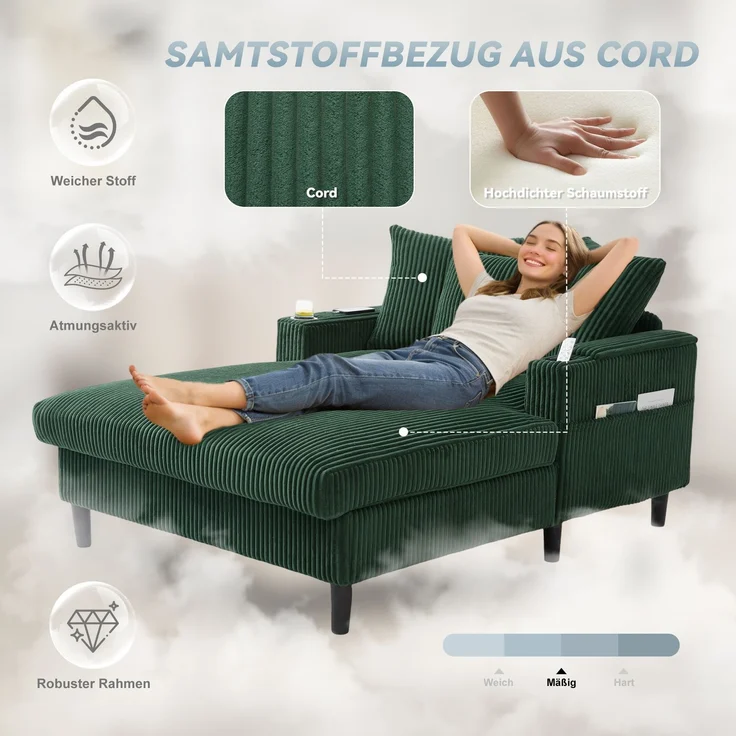 LVHOM Schlafsofa mit LED & USB, Chaiselongue mit Becherhalter & Stauraum, großes Einzelsofa bis 300kg belastbar, inkl. 3 Kissen, 129x170cm, Grün – Bild 6