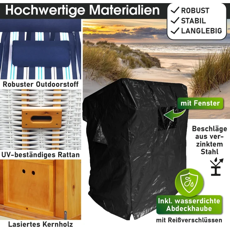BRAST Strandkorb Usedom 3-Sitzer XXL für 2-3 Personen 165cm breit inkl. wetterfeste Abdeckhaube verstellbare Rückenlehne Fußkissen Hellblau - gestreift – Bild 6