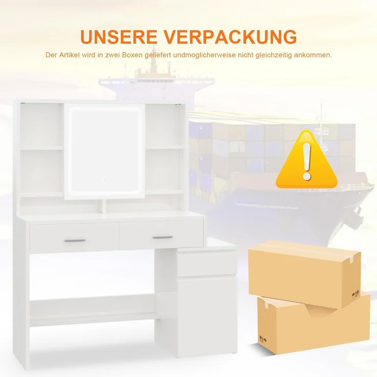 JUMMICO Schminktisch mit LED Spiegel Beleuchtung (3 Helligkeiten & 3 Farbtemperaturen), Großer Kosmetiktisch mit 6 Fächern, 2 Schubladen, Seitenschrank & Ablagefläche, 117 x 40 x 140 cm, Weiß – Bild 3