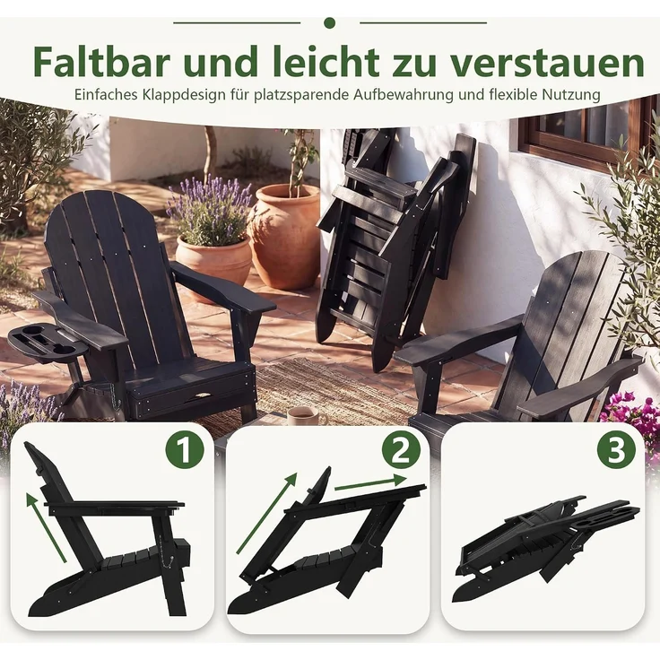 Aoxun Adirondack-Loungesessel mit ausziehbarer Fußstütze & Getränkehalter, 133 x 52 x 90 cm, klappbarer Gartensessel aus HDPE-Kunststoff in Holzoptik, wetterfest für Terrasse, Balkon & Rasen, Schwarz – Bild 7