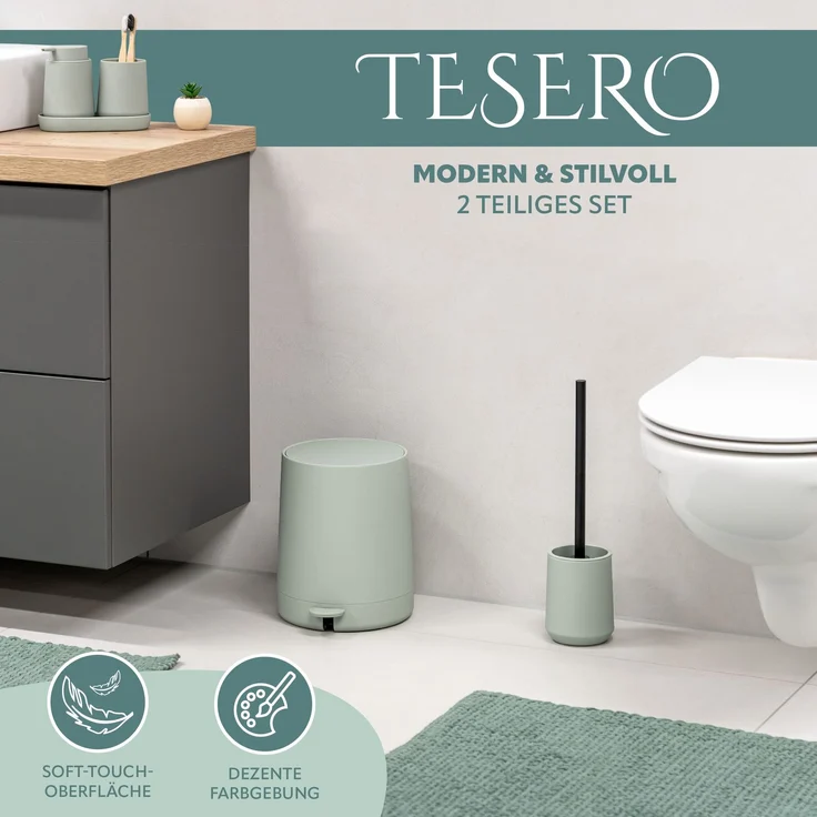 Bad-Accessoires Set TESERO 2tlg. bestehend aus 1x WC-Garnitur, 1x Kosmetikeimer aus Kunststoff in Salbei – Bild 2