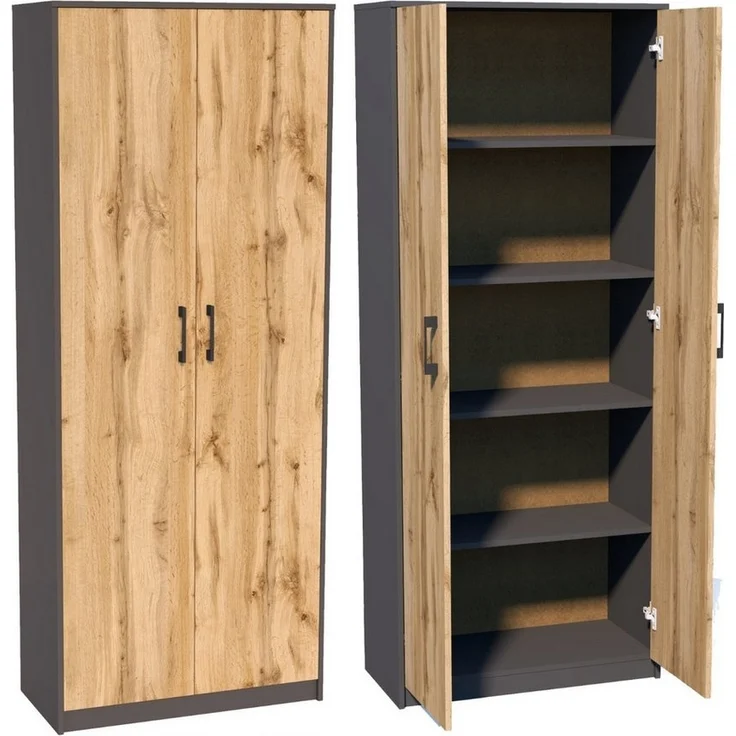 Home Collective Mehrzweckschrank Aktenschrank mit 5 Fächern Haushaltsschrank (74 cm breit aus Laminatplatte und hochwertigen Polymergriffen) in mattem Finish mit 4 Einlegeböden und 2 Türen graphit Eiche – Bild 5