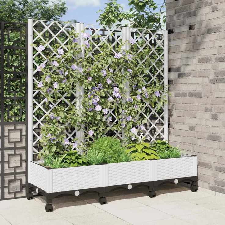 vidaXL Pflanzkübel mit Spalier und Rädern Weiß 120 x 40 x 131,5 cm PP 3423055 – Bild 1