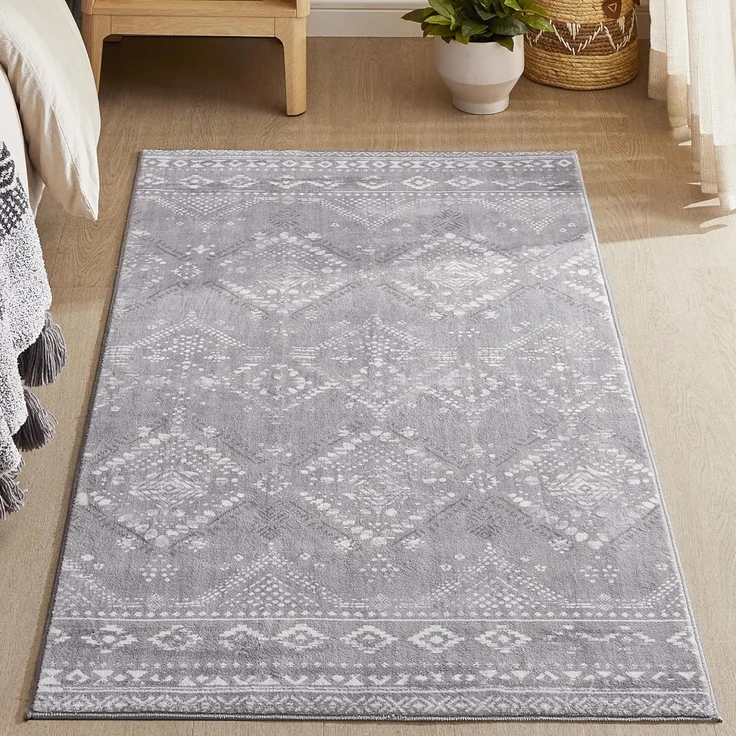 Songmics HOME Teppich, 80x150 cm, Wohnzimmerteppich, Rutschfester Teppich, Kurzflor, flauschig, Dekoration, für Wohnzimmer, Schlafzimmer, maschinenwaschbar, Boho-Stil, Taubengrau – Bild 1