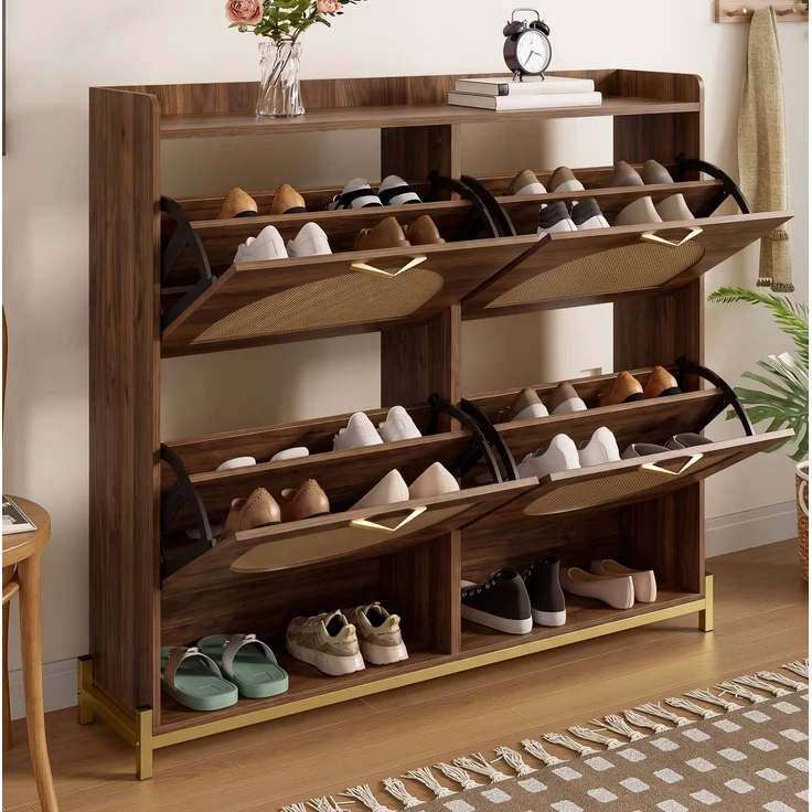 DESVIAE Garderobenschrank Schuhschrank Nussbaum aus MDF – 108,5x100x24 cm – 4 Klappen, Rattan-Optik – Bild 1