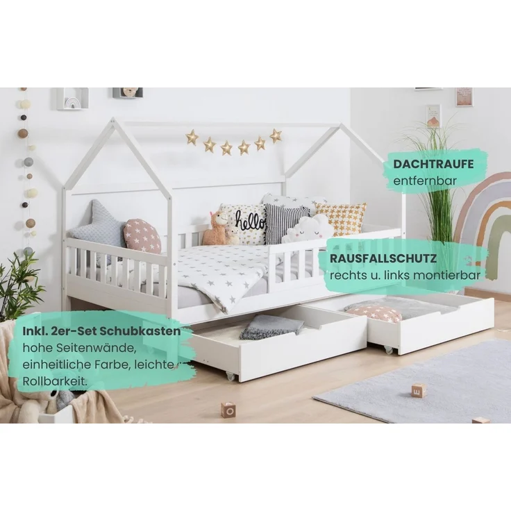 Ticaa Hausbett Duo mit Rausfallschutz und Schubkasten aus Kiefer, Bodenbett 90x200, inkl. abnehmbarem Dach, mit Rollrost – Bild 3