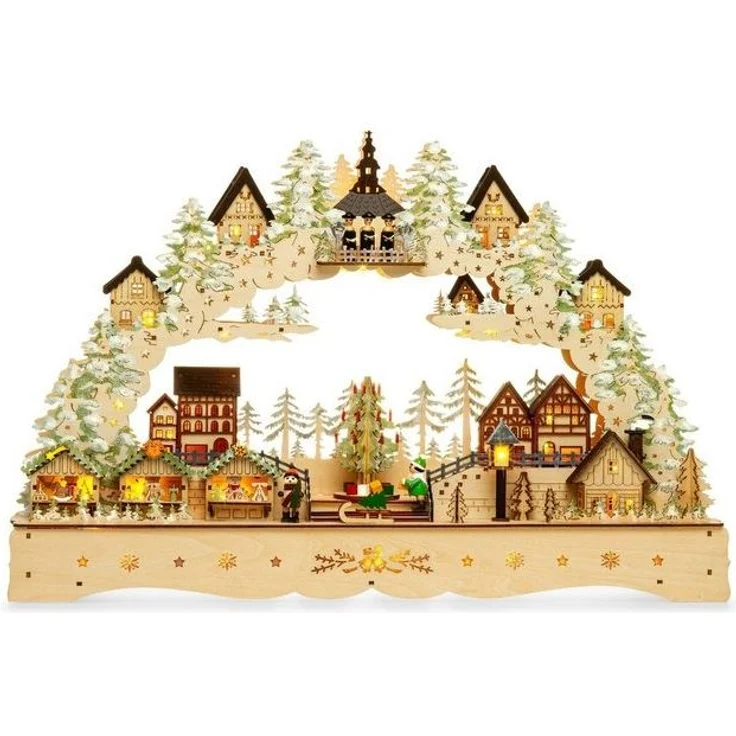 SIKORA Schwibbogen LB92 Weihnachtsdorf Seiffen mit LED Beleuchtung, Spieldose und motorbetriebenem Weihnachtsbaum B:58cm – Bild 4