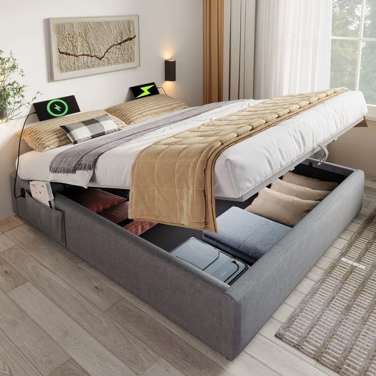 Polsterbett Einzelbett 140×200 cm,Tagesbett mit Stauraum, USB & Type-C Ladeanschlüssen, Leinenbezug,in Grau – Bild 5