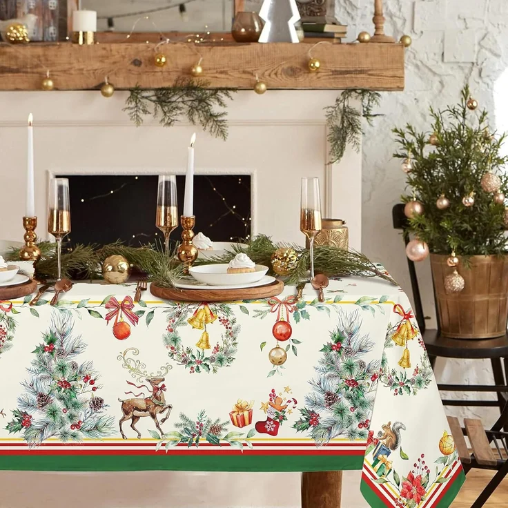 Rechteckige Weihnachtstischdecke, 152,4x213,4 cm, Weihnachtsbaum, Elch, Urlaubsdekoration, Tischdecke, Polyester, wasserdicht und knitterfrei, langlebig, Weihnachtstischdecke für Küche, Winter und – Bild 1