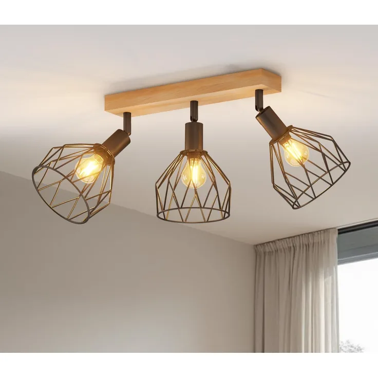 LVWIT E14 Deckenlampe 3 Flammig LED Deckenleuchte Deckenstrahler Schwenkbar 350° Holz LED Deckenspots Schwarz Küchenlampe Wohnzimmer, Flurlampe Modern für Flur, Küche, Schlafzimmer