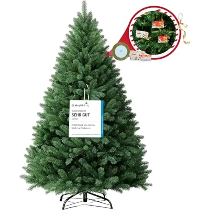 COMHOMA Künstlicher Weihnachtsbaum Weihnachtsdeko 195cm PVC Material mit 1000+ Spitzen Thickened Branches, mit dekorativen Schleifen & Grußkarten, stabiler Metallständer