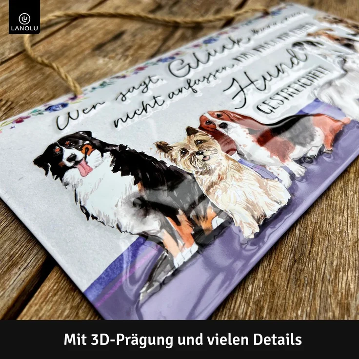 LANOLU Blechschild Glück Hunde streicheln - 16x32cm – Metall – Weiß – 16101 – Bild 3