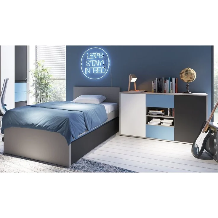 Jugendzimmer Bettgestell mit Bettschubkasten und Sideboard LIIVA-129 in grau mit schwarz, weiß, blau, B/H/T: ca. 236,7/80,5/206,1 cm – Bild 5