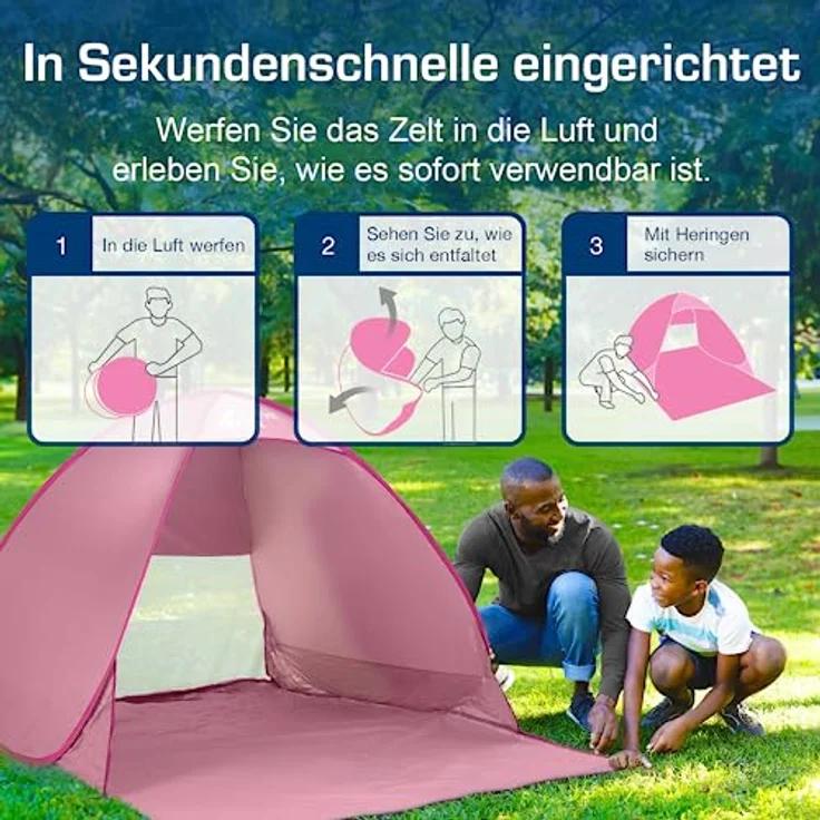 Active Era Pop Up Strandmuschel mit UV Schutz, UPF 50+ Strandzelt, Windschutz Strand, Zelt für 2-3 Personen inkl. Tragetasche und Heringe - Pink – Bild 3