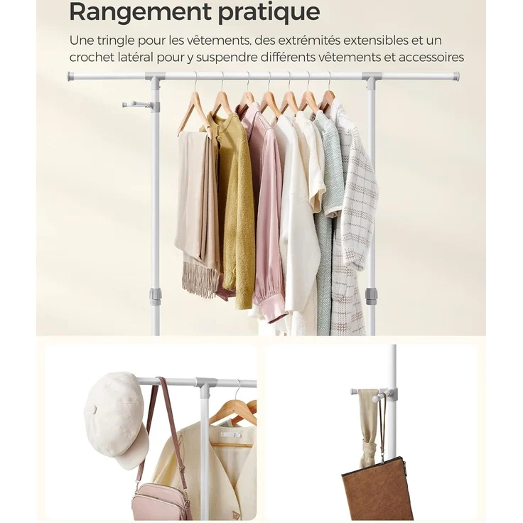 SONGMICS Kleiderständer auf Rollen, Kleiderstange, höhenverstellbar zwischen 97 und 165 cm, ausziehbare Garderobenstange, Garderobenständer, seitliche Haken für Accessoires, weiß LLR001W01 – Bild 8