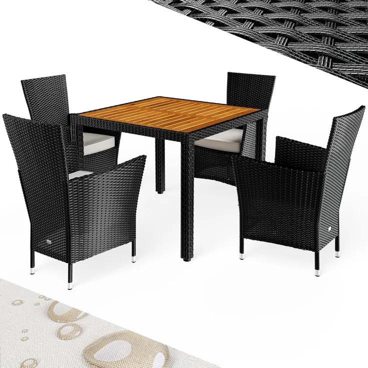 Casaria Garten-Essgruppe, (5-tlg), Polyrattan 4 Personen Auflagen Stühle Stapelbar Akazie Holz Wetterfest