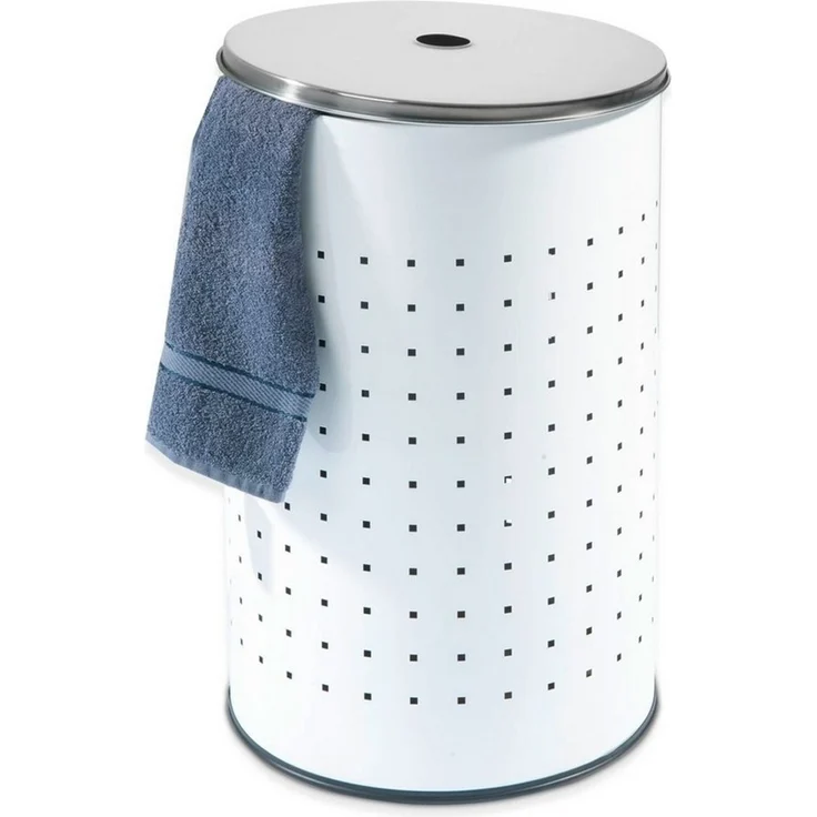 Home4You Wäschetonne Weiß, Edelstahl, 54 Liter Fassungsvermögen, H 57 cm, Ø 35 cm, mit Deckel und Belüftungslöchern – Bild 1