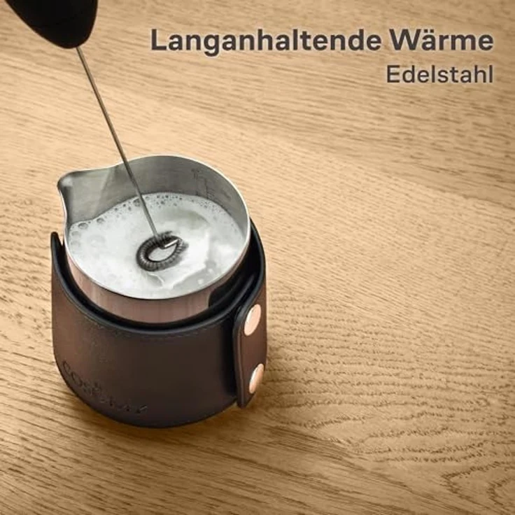 Cosumy Milchkännchen Barista Milchkännchen Edelstahl 350ml mit Lederhülle, 350 l, (Set, 1-St), Griffloses Design - Messskala im Inneren – Bild 3