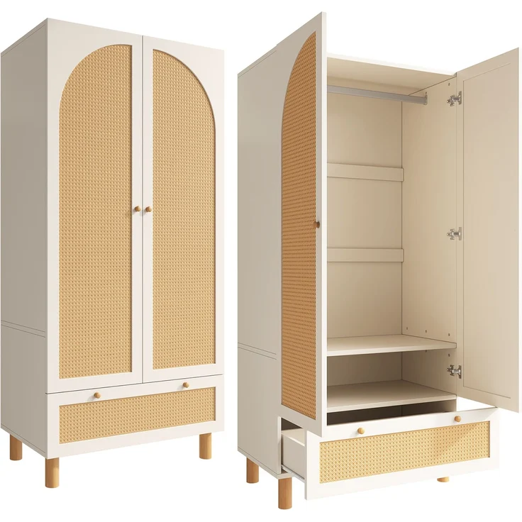 Kleiderschrank Garderobenschrank mit 2 Türen & Rattan, Landhausstil Weiß mit großer Schublade, höhenverstellbaren Regalen & Kleiderstange, Inkl, Kippsicherung, 180x85x52 cm (H/B/T)--Weiß--85.5x52x180.5cm--YOUDENOVA – Bild 7