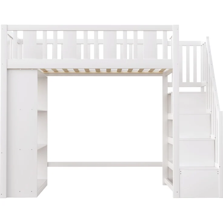 Bett 90x200 cm Hochbett mit Stauraumtreppe aus Kiefernholz, weiß – sicher & platzsparend – Bild 9