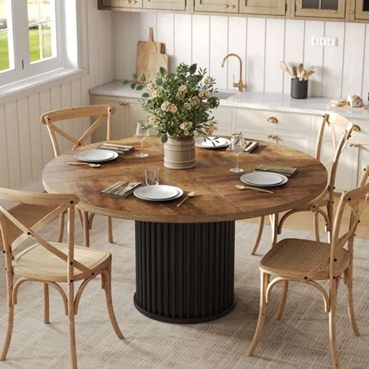 LITTLE TREE 120 cm runder Esstisch für 4–6 Personen, großer braun-schwarzer Esstisch, industrieller Gartentisch mit hochbelastbarem gerilltem Säulenfuß, runder Holzküchentisch für Wohnzimmer – Bild 3