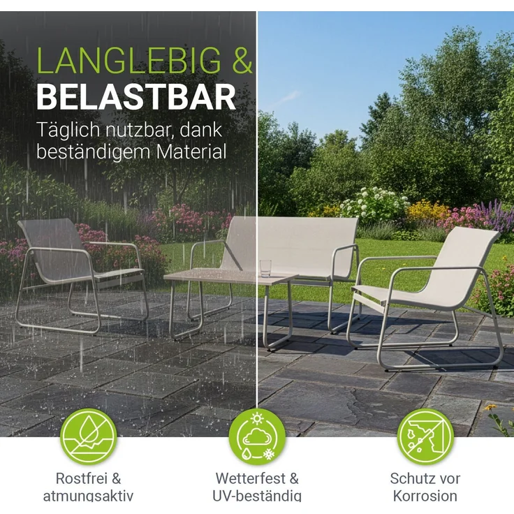 Juskys Gartenmöbelset Genua 4-tlg. – Sand, Outdoor Sitzgruppe, Tisch & Bank, wetterfestes Textil, LongLife Stahlgestell – Bild 3