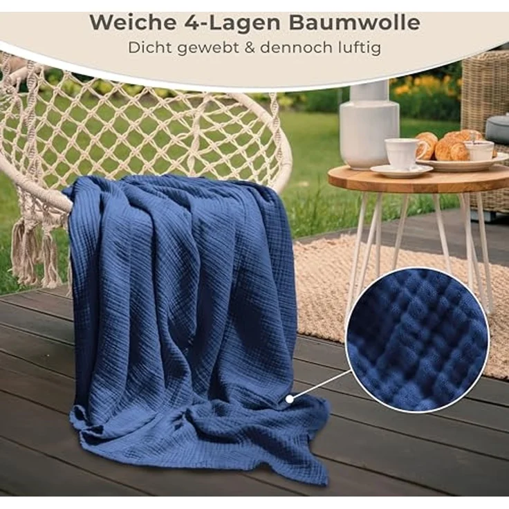 LAYNENBURG Premium Musselin Tagesdecke 180x220 cm - 100% Baumwolle - extraweiche Baumwolldecke als Kuscheldecke, Bett-Überwurf, Sofa-Überwurf, Couch-Überwurf - warme Sofa-Decke (Blau) – Bild 6