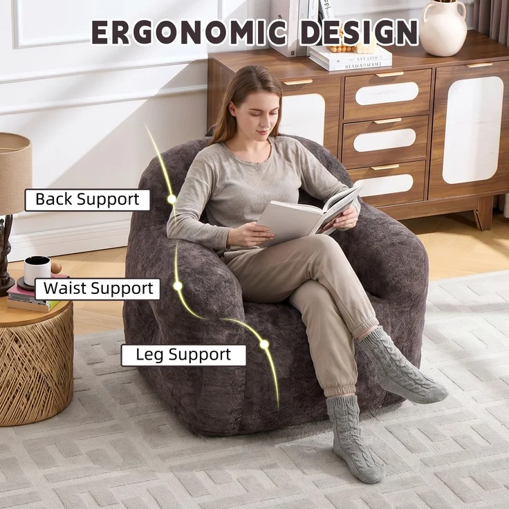 Sitzsack mit Füllung aus Schaumstoffflocken, Kunstfell-Sitzsacksofa mit Armlehnen, für Wohnzimmer, Schlafzimmer und Leseecke, keine Montage erforderlich, Dunkelgrau – 95 x 95 x 79 cm – YOUDENOVA – Bild 5