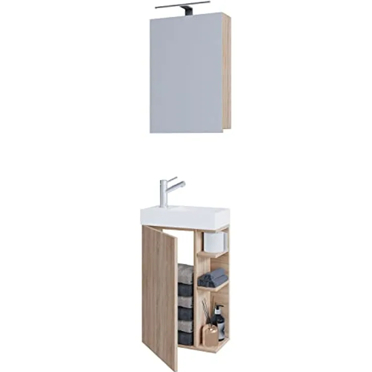 VCM Waschplatzset Lumia, 3-tlg. Badmöbelset für Gäste WC mit Keramikwaschbecken und Spiegelschrank, schmal 70x40x22 cm