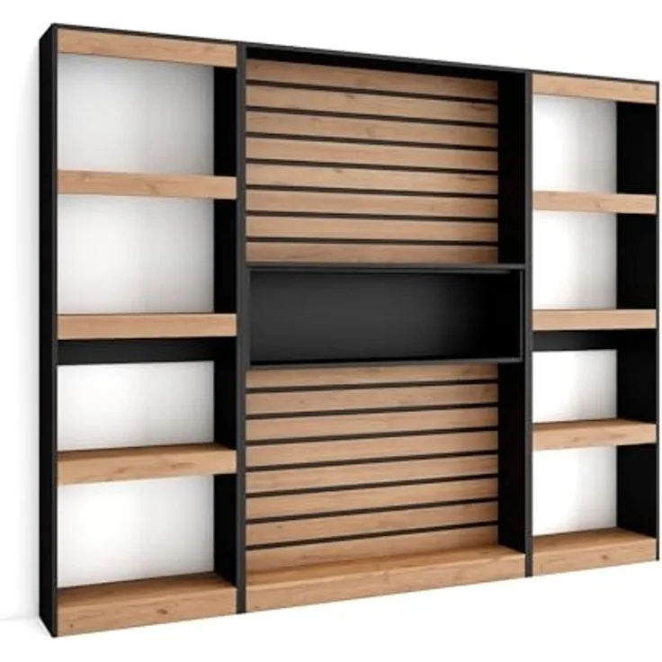 Skraut Home | Bücherregal Bibliothek | Bookshelf, Bookcase | 230 x 186 x 25 cm | Wohnzimmer, Esszimmer, Büro | Aufbewahrungsregal | Moderner Stil | Eiche Schwarz