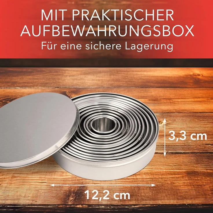 AVANA Ausstechform Ausstecher Ringe Keksformen Plätzchen Speiseringe Cookie Cutter Rund, Edelstahl, (12 Stück), Set Ausstechformen mit Aufbewahrungsbox – Bild 6