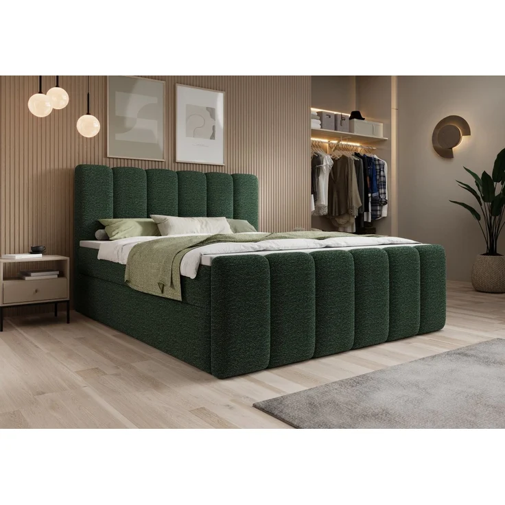 thematys Boxbett mit Bettkasten 180x200cm, mit Bonnellfederkernmatratze H3, Bouclé/Velours, mit Stauraum, mit 3 cm Topper, Grün (Fredo Prime 25) – Bild 3